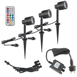 Set of 3 garden floodlights with replaceable RGBW bulb 3X9W Black 12V AC/DC and IR remote control