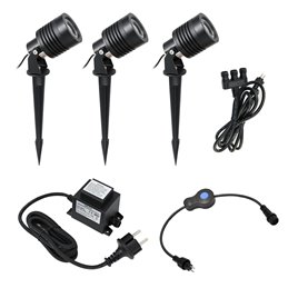 Set of 3 6W LED garden spotlights warm white 12V with power supply unit and distribution cable