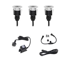 Set of 3 6W LED garden spotlights warm white 12V with power supply unit and distribution cable