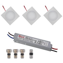 Set di 3 faretti da incasso LED 12VDC 3W 3000K bianco caldo alluminio Apparecchio per mobili da incasso