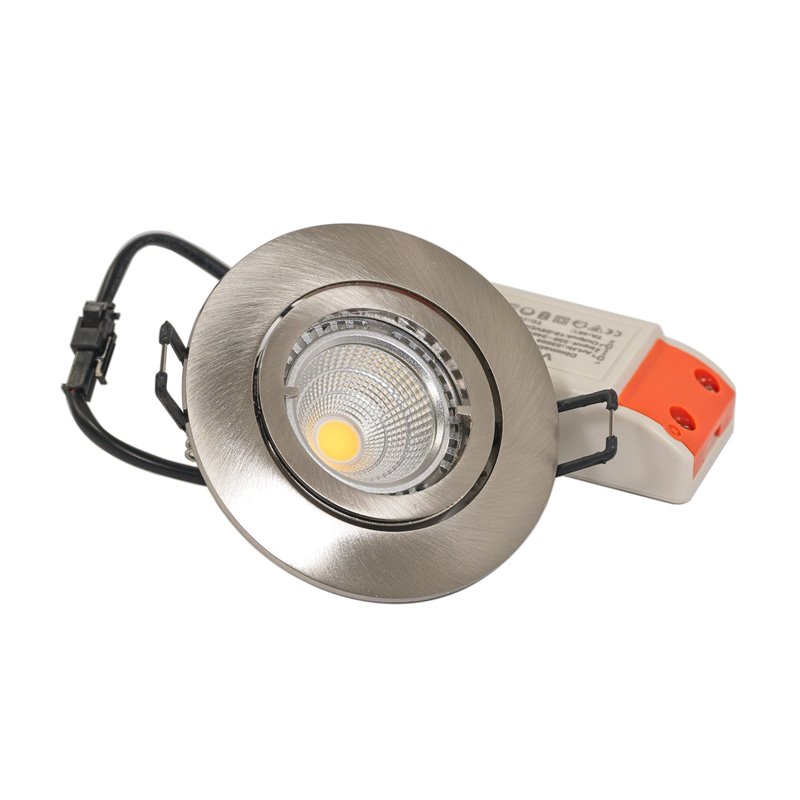 Lámpara empotradaJuego de focos empotrables con módulos LED de 5W,  adaptador de red regulable y marco de montaje en óptica plateada cepillada  red