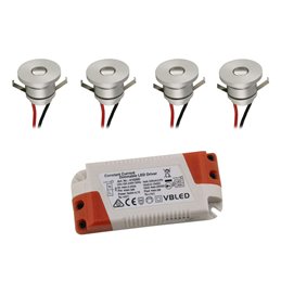 Set van 4 1W mini inbouwspots Incl. LED transformator 12V DC