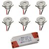 Set de 6 mini spots encastrés LED 1W en aluminium blanc chaud avec alimentation dimmable - argenté