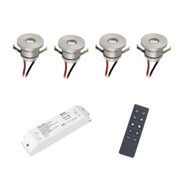 Set of 4 1W LED mini recessed spotlights IP65 warm white with RF radio driver 12V and remote control