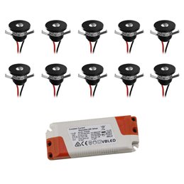 6 KIT "FORTIS" 3W LED aluminio mini foco empotrable blanco cálido con alimentación 12VDC