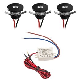 Set van 2 1W LED Aluminium Mini Inbouwspots met Voeding - Zwart