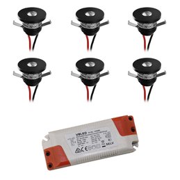 Set of 6 1W LED aluminium mini recessed spotlights warm white with dimmable power supply - Black