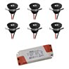 Set of 6 1W LED aluminium mini recessed spotlights warm white with dimmable power supply - Black