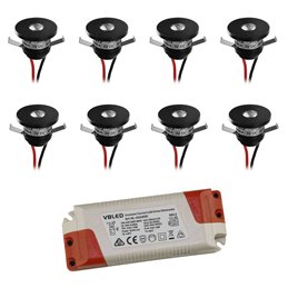 Set of 8 1W LED aluminium mini recessed spotlights warm white with dimmable power supply - Black