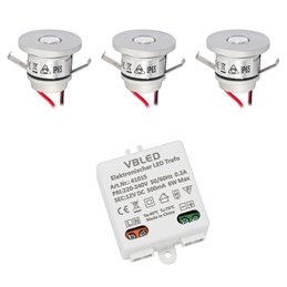 Set van 9 1W mini inbouwspots Incl. LED transformator IP67 waterdicht 12V DC