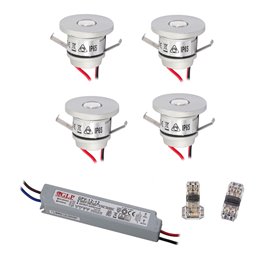 Set of 4 1W LED mini recessed spotlights IP65 warm white with RF radio driver 12V and remote control