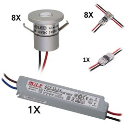 6 KIT "FORTIS" 3W LED aluminio mini foco empotrable blanco cálido con alimentación 12VDC