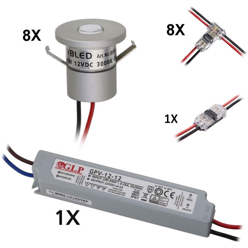 Mini riflettoriSet di 8 mini spot da incasso da 1W IP65 bianco caldo con  trasformatore da 12W LED 12V DC