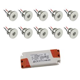 Set de 6 mini spots encastrés LED 1W en aluminium blanc chaud avec alimentation dimmable - argenté