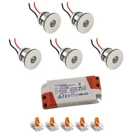 Set van 7 1W LED aluminium mini inbouwspots warm wit met RF radio voedingseenheid
