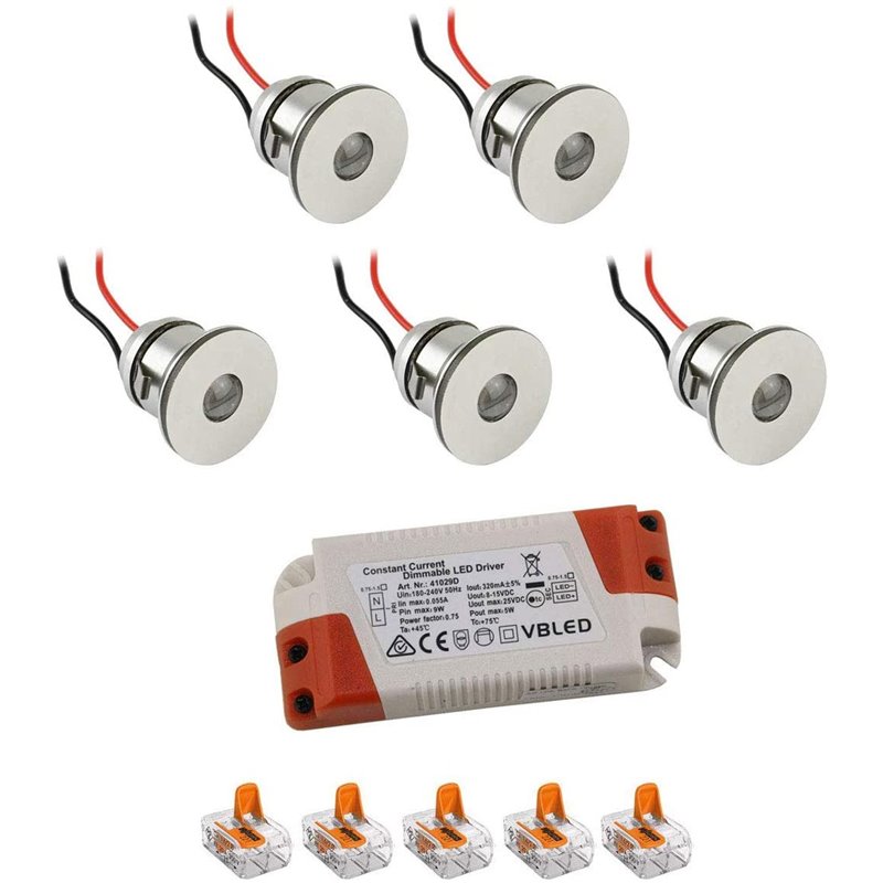 Set di 5 mini faretti LED da incasso da 1W bianco caldo con alimentatore Set di 5 mini faretti LED da incasso da 1W bianco caldo con alimentatore
