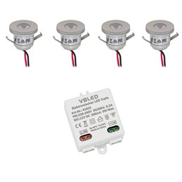 Set of 4 1W LED mini recessed spotlights IP65 warm white with RF radio driver 12V and remote control