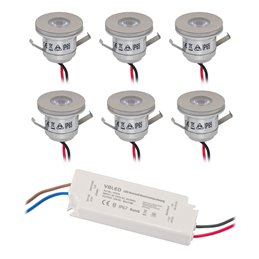 Juego de 6 mini focos empotrables de 3W "NOVOS" blanco cálido 3000K 12V DC Blanco cálido Incl.transformador LED