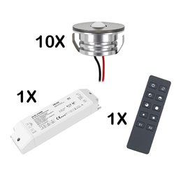 Set van 7 1W LED aluminium mini inbouwspots warm wit met RF radio voedingseenheid