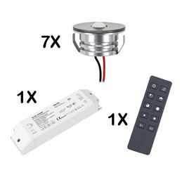 Set of 6 1W LED aluminium mini recessed spotlights, black warm white with RF radio power supply unit and remote control.