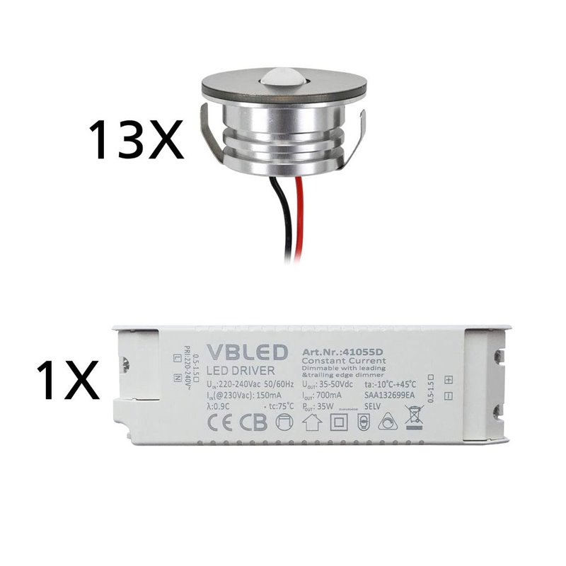 Set van 13 LED aluminium mini inbouwspots “Luxonix” 3W warm wit met dimbare voedingseenheid Set van 13 LED aluminium mini inbouwspots “Luxonix” 3W warm wit met dimbare voedingseenheid