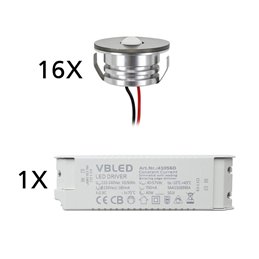 Set van 16 3W LED aluminium mini inbouwspots "Luxonix" warm wit met dimbare voedingseenheid
