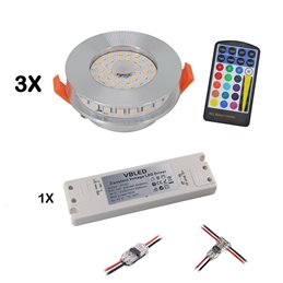 Recessed LampSet of 3 RGB+WW LED recessed lights 12VDC 6W incl. remote  control and power supply unit