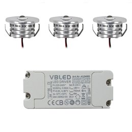 Set of 3 "Pialux" mini recessed spotlights 3W 700mA 190lm warm white with dimmable power supply unit