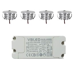 Set of 4 "Pialux" mini recessed spotlights 3W 700mA 190lm warm white with dimmable power supply unit