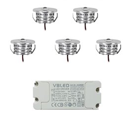 1W LED Aluminium Mini Inbouwspot Set van 1 met Voeding - Zilver