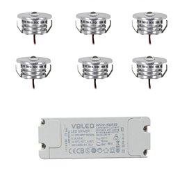 Set of 6 "Pialux" mini recessed spotlights 3W 700mA 190lm warm white with dimmable power supply unit