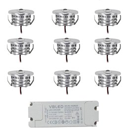 Set of 9 mini recessed spotlights 3W 700mA 160lm warm white with dimmable LED power supply unit