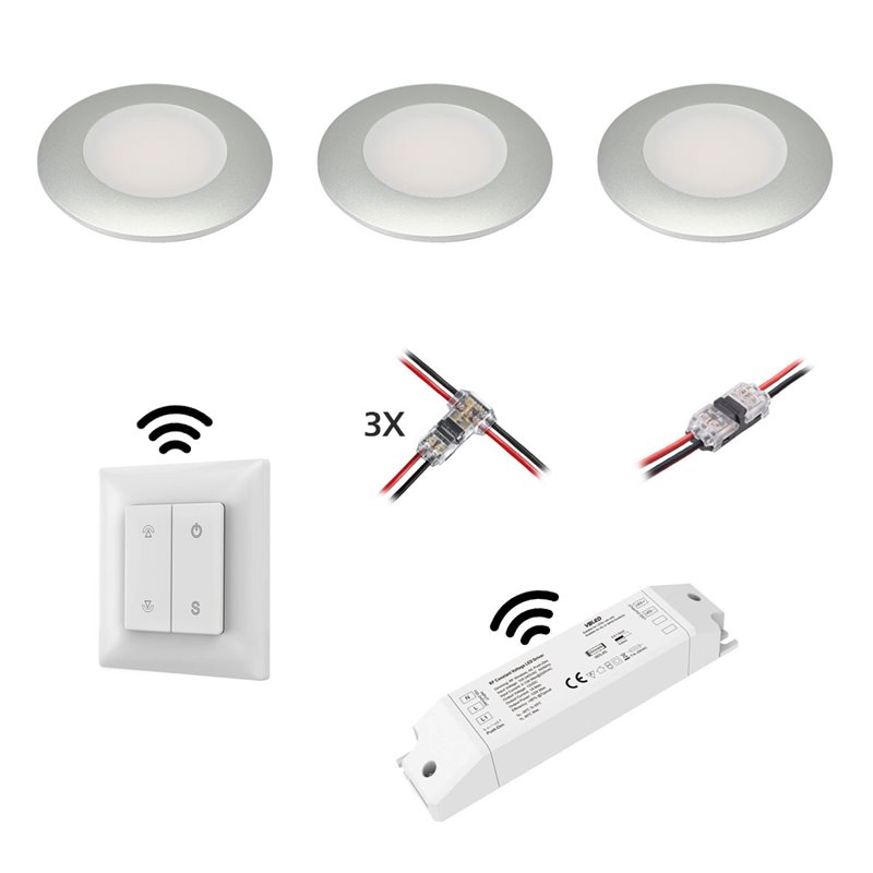 Lámpara empotradaJuego de 3 focos empotrables LED inalámbricos 12VDC 3W  3000K blanco cálido aluminio luminaria empotrable para muebles