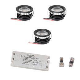 Set of 3 1W LED Mini Recessed Spotlights - "FOCOS" Minispot - 12V DC - IP20 - 3000K - Swivel - Black
