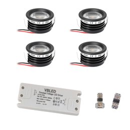 Set van 4 1W mini inbouwspots Incl. LED transformator 12V DC