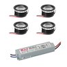 4-delige KIT "FORTIS" 3W LED aluminium mini inbouwspot warm wit met IP67 voeding 12VDC