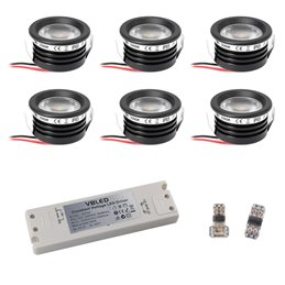 6 KIT "FORTIS" 3W LED aluminio mini foco empotrable blanco cálido con alimentación 12VDC