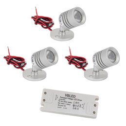 VBLED - LED-Lampe, LED-Treiber, Dimmer online beim Hersteller kaufen|4er Set 1W Mini Aufbau-Strahler Rotier- & Schwenkbar 80lm warmweiß mit 6W 12VDC Netzteil