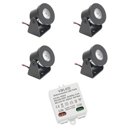 VBLED - LED-Lampe, LED-Treiber, Dimmer online beim Hersteller kaufen|4er Set 1W Mini Aufbau-Strahler Rotier- & Schwenkbar 80lm warmweiß mit 6W 12VDC Netzteil