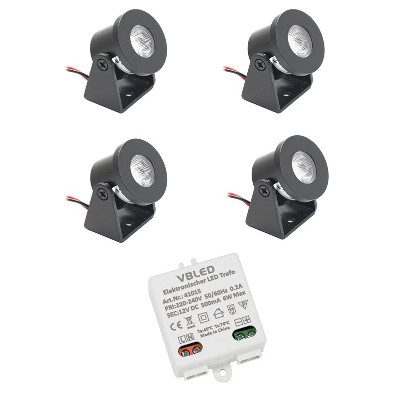Surface mounted SpotlightSet of 4 1W Mini Surface Mounted Spotlights  Rotating & Swivelling 80lm warm white with 6W 12VDC power supply unit