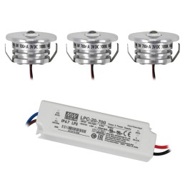 3 KIT "FORTIS" 3W LED aluminium mini recessed spotlight warm white with power supply 12VDC