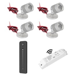 VBLED - LED-Lampe, LED-Treiber, Dimmer online beim Hersteller kaufen|4er Funk Set Mini LED Deckenspot 12VDC 3W 3000K "ESKINAR" schwenkbare mit LED Trafo und Fernbedienung