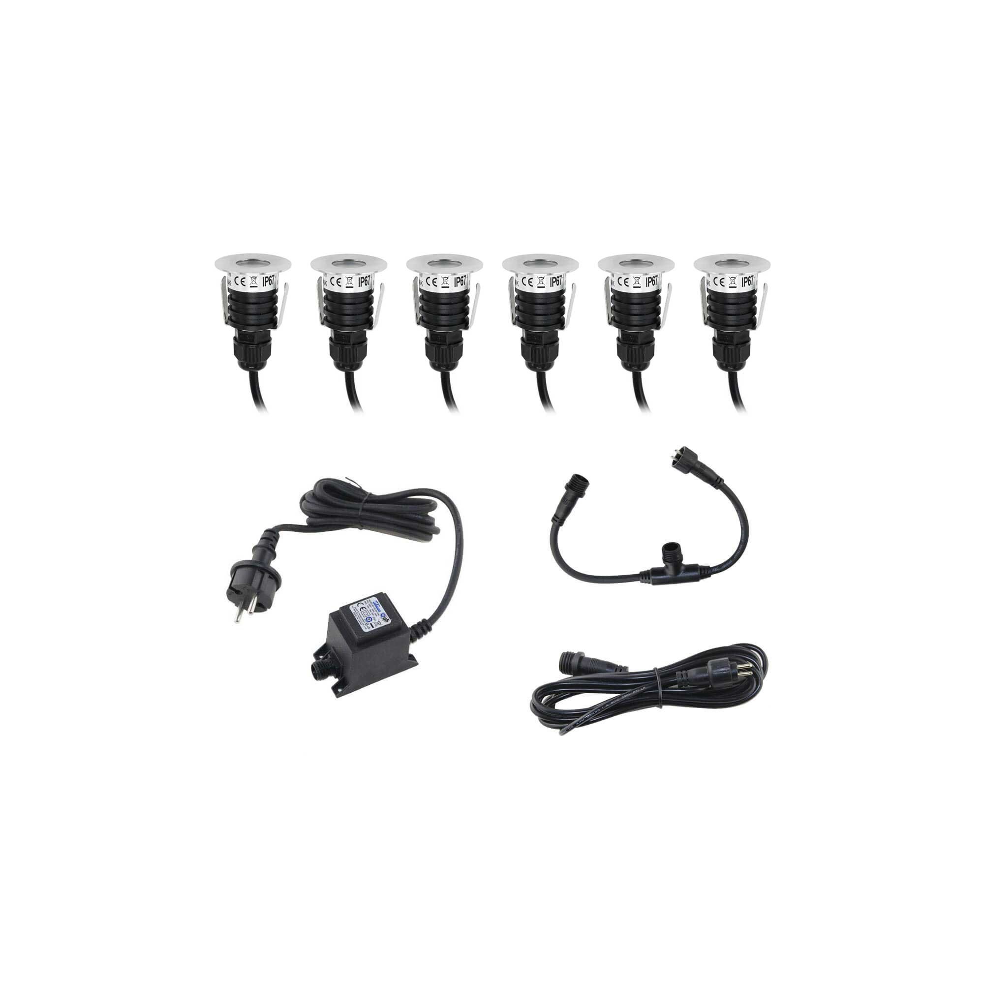 Mini Faretto LED da Incasso a Terra 6000K IP67 Rotondo – Set 6 Pezzi con Alimentatore e Cavi Mini Faretto LED da Incasso a Terra 6000K IP67 Rotondo – Set 6 Pezzi con Alimentatore e Cavi