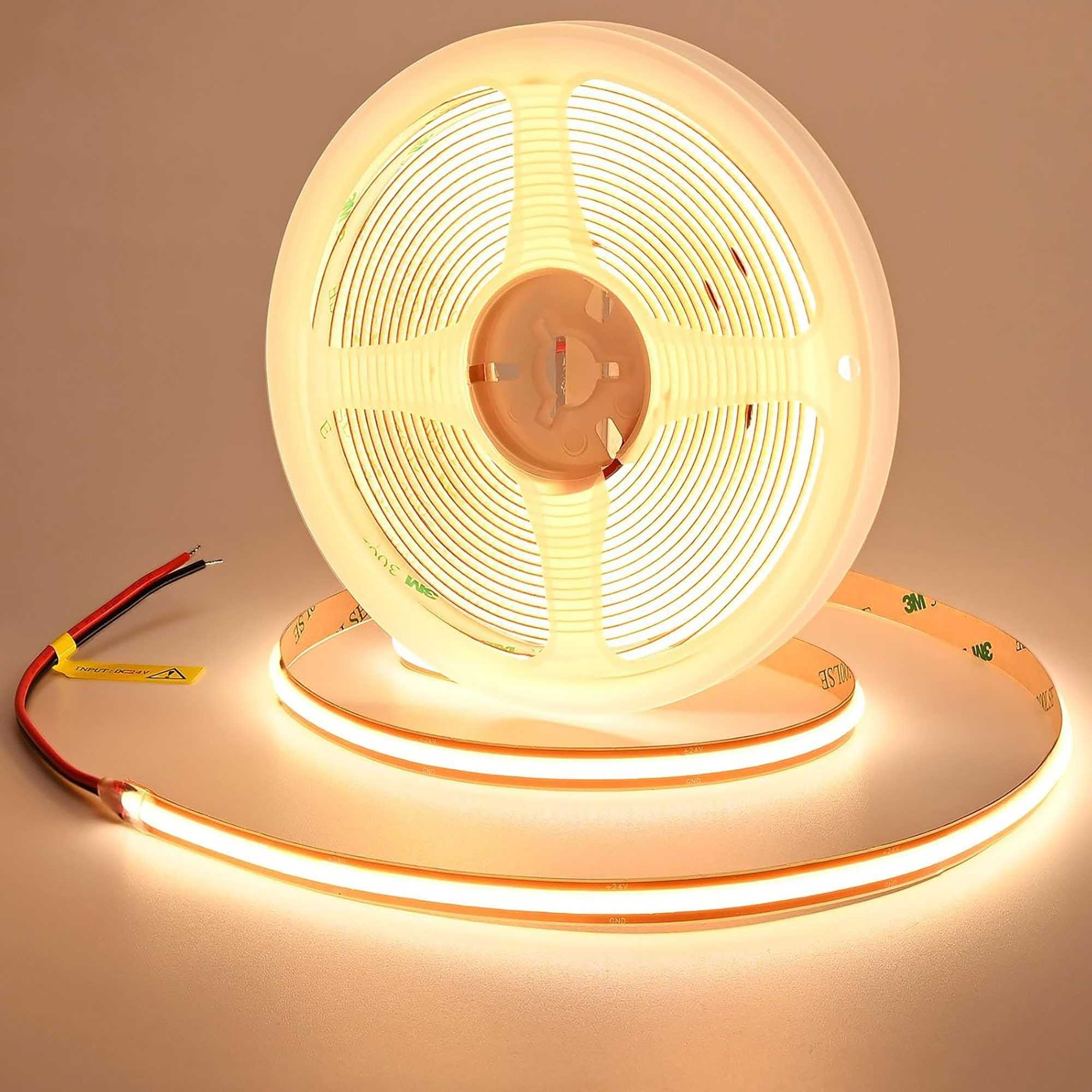 Striscia LED COB 24V Bianco Caldo 3000K – 5m, 14W/m, Autoadesiva, Illuminazione Interna IP20 Striscia LED COB 24V Bianco Caldo 3000K – 5m, 14W/m, Autoadesiva, Illuminazione Interna IP20