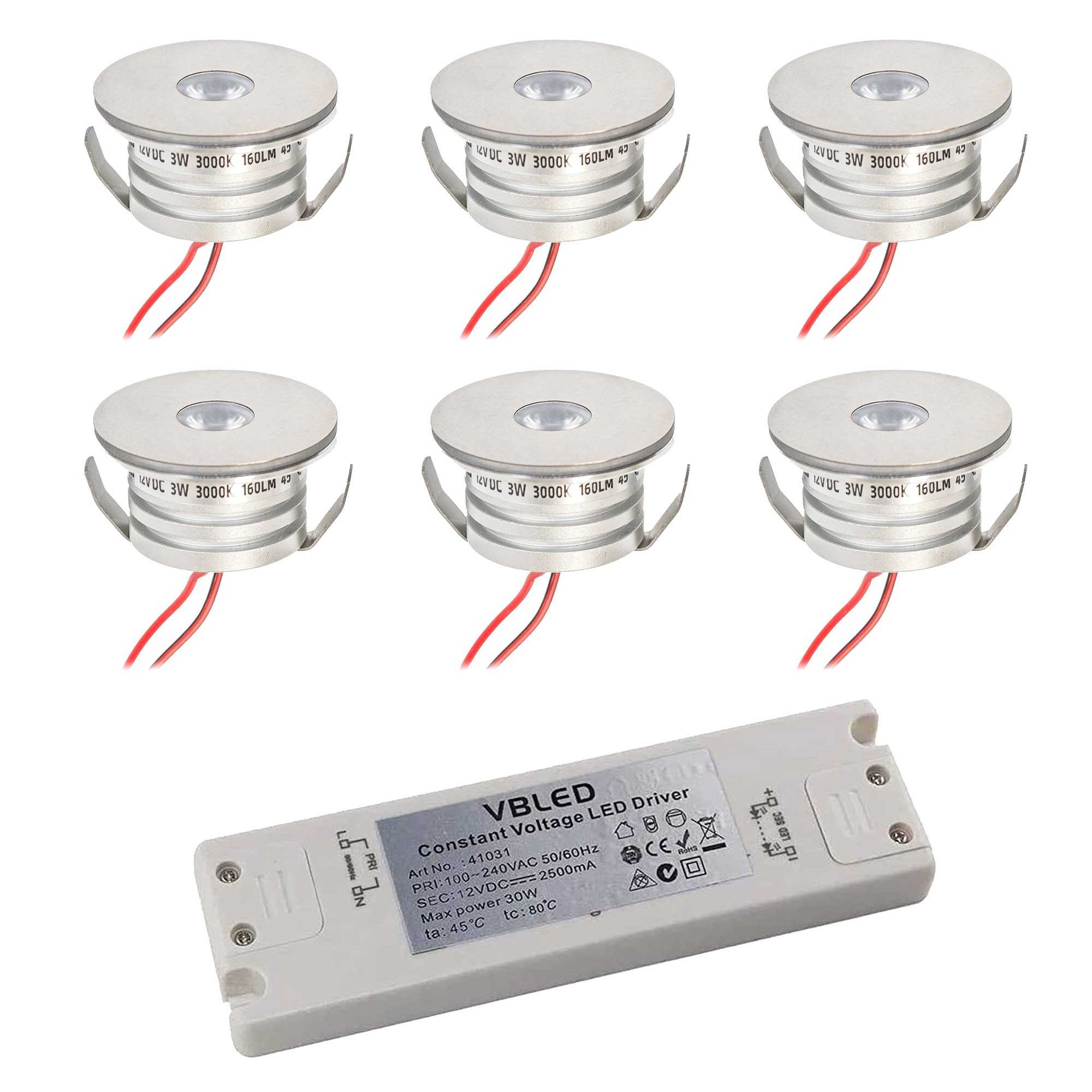 Set di 6 mini faretti da incasso 3W "NOVOS" bianco caldo 3000K 12V DC Bianco caldo Incl. trasformatore LED Set di 6 mini faretti da incasso 3W "NOVOS" bianco caldo 3000K 12V DC Bianco caldo Incl. trasformatore LED