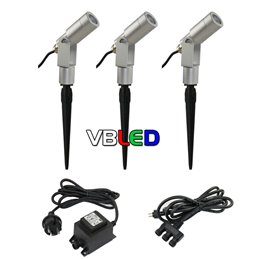 Set of 3 6W LED garden spotlights warm white 12V with power supply unit and distribution cable