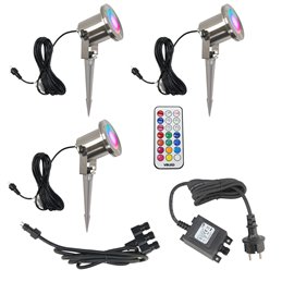 Set of 3 6W LED garden spotlights warm white 12V with power supply unit and distribution cable