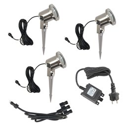 Set of 3 6W LED garden spotlights warm white 12V with power supply unit and distribution cable
