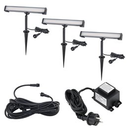 Set of 3 6W LED garden spotlights warm white 12V with power supply unit and distribution cable