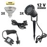 Set de 3 spots de jardin 12V AC avec ampoule 5W blanc neutre, piquet de terre et bloc d'alimentation